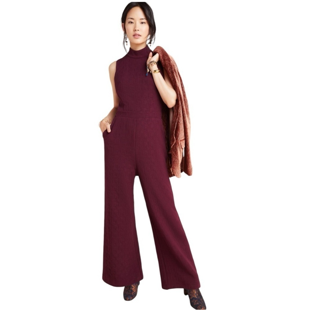 Eva Franco Sleeveless Mock-Neck Jumpsuit in Burgundy